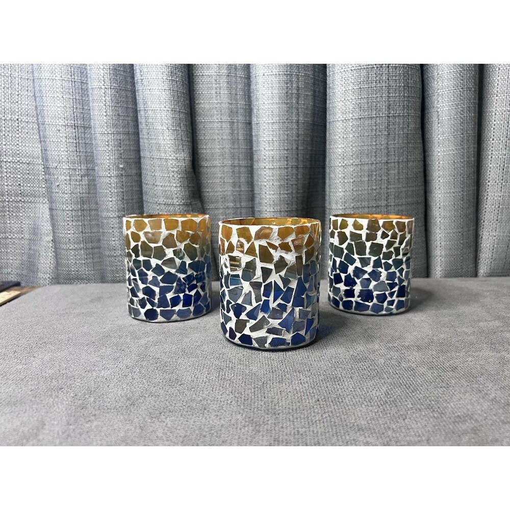 VTG Home Interiors Mosaic Tealight Votive Candle Holders Boho Lot Brown Blue